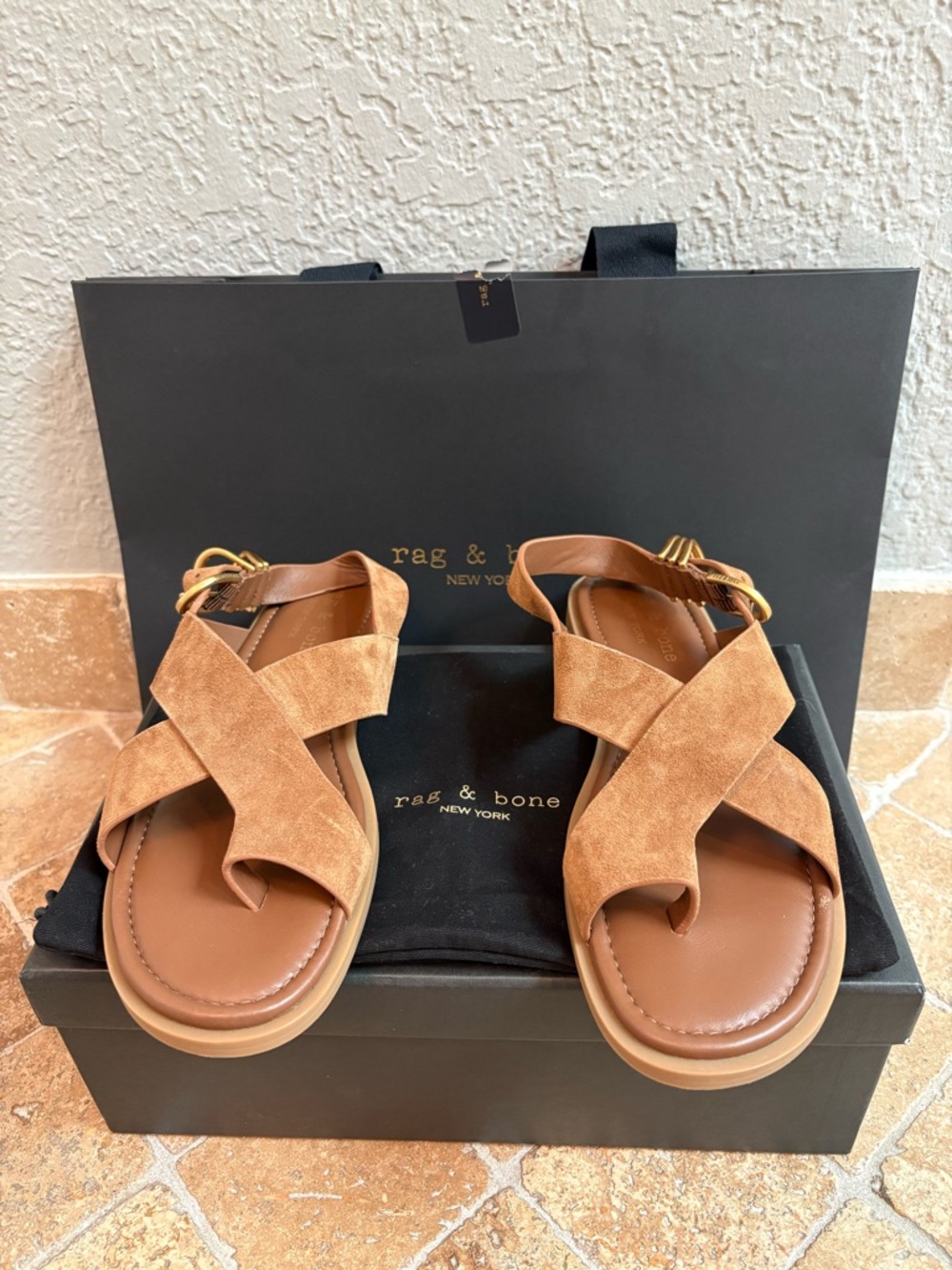rag & bone Gia Toe Loop Tan Suede Crisscross Strap Sandals
